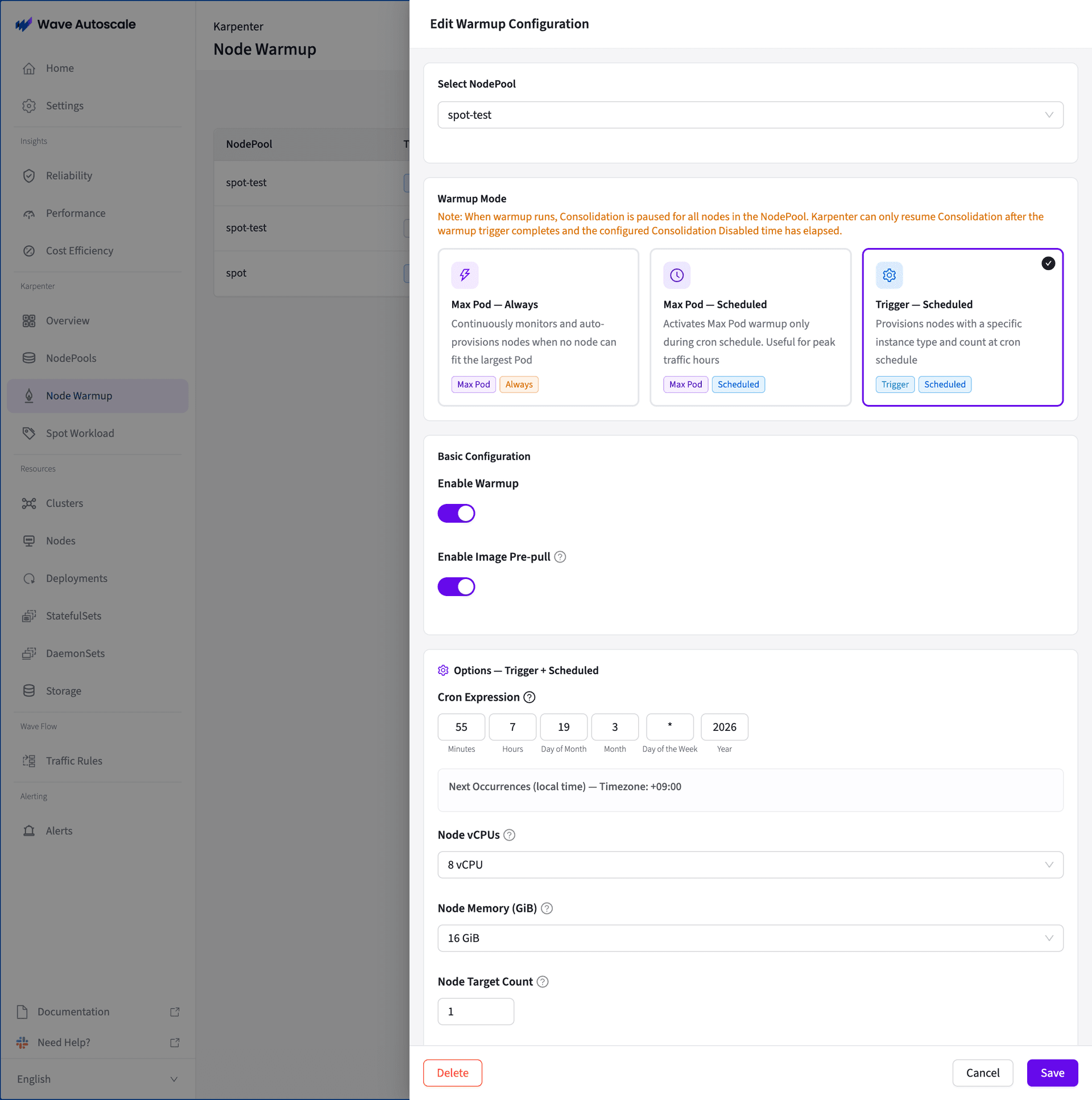 Node Warmup configuration panel