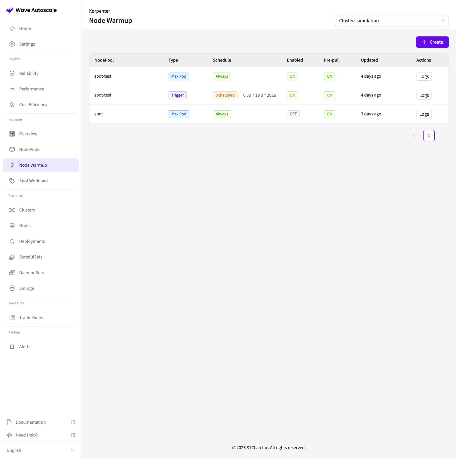 Node Warmup list view