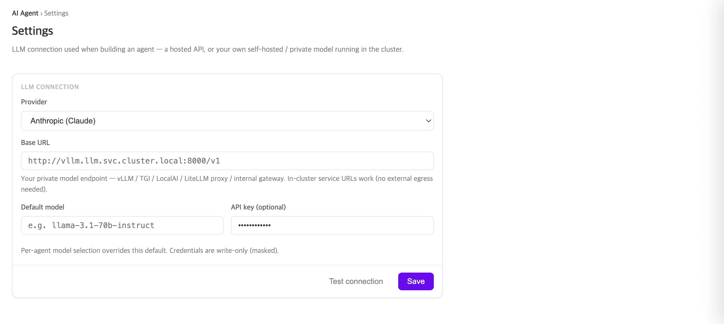 The AI Agent settings screen. A provider list, a base URL field holding an in-cluster vLLM address, a default model field, and a masked credential field.