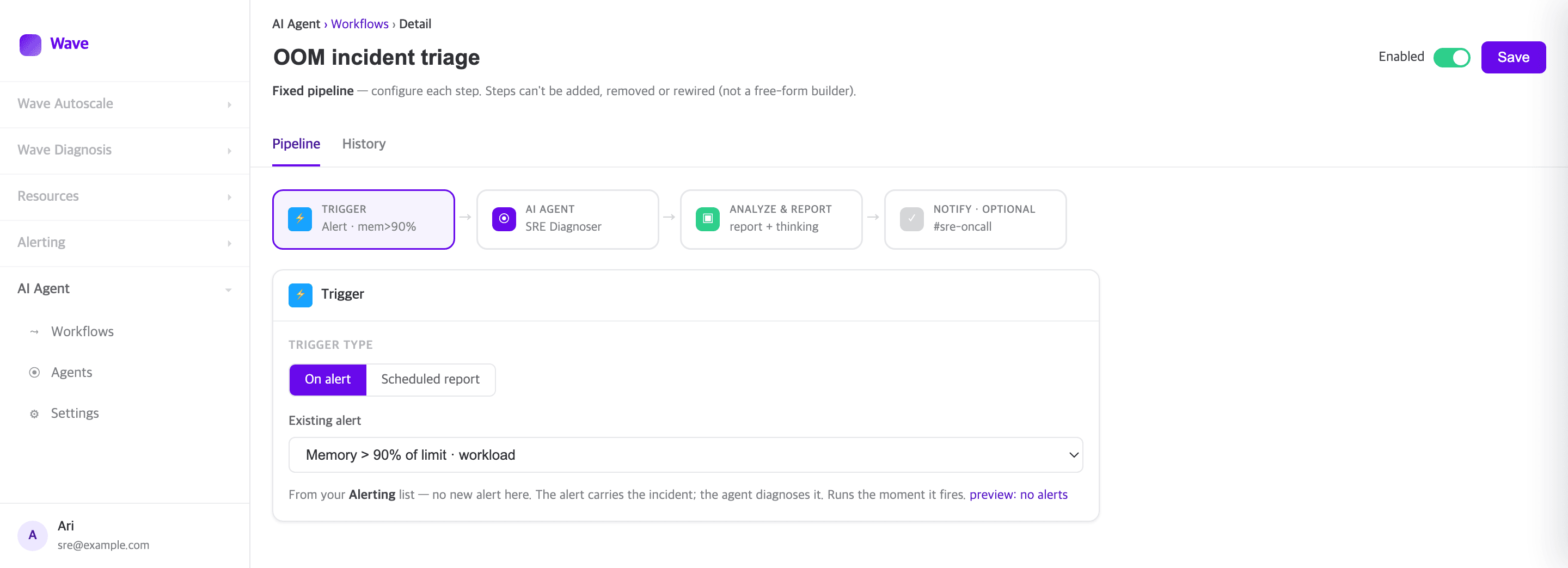 A workflow detail screen. Four connected cards read Trigger, AI Agent, Analyze and Report, and Notify. Trigger is selected, and the panel below offers an existing alert to choose from.