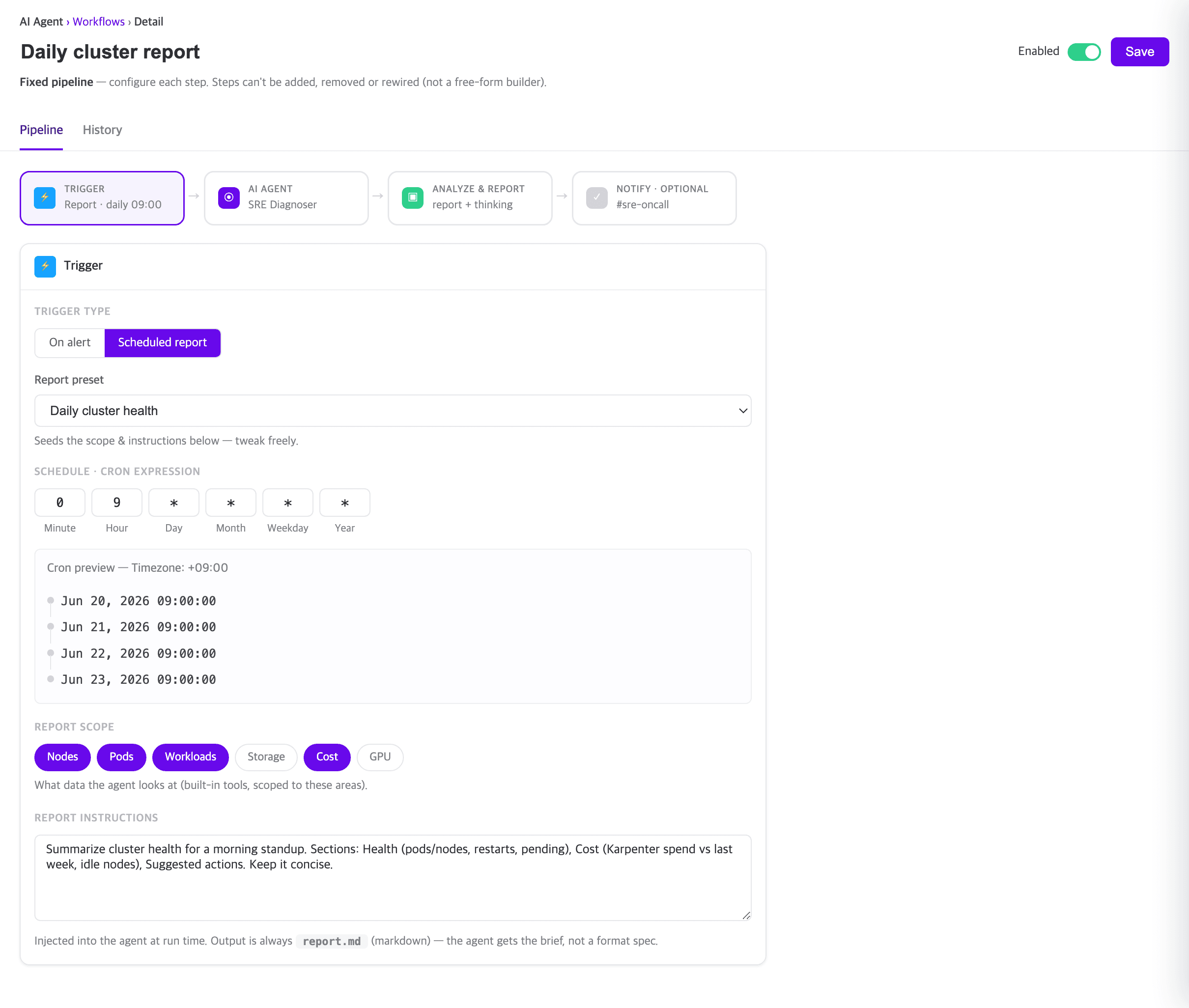 The same workflow with its trigger set to a scheduled report. A cron editor with minute, hour, day, month, weekday and year fields sits above a preview of the next four run times, followed by a row of scope chips and a free-text box of report instructions.