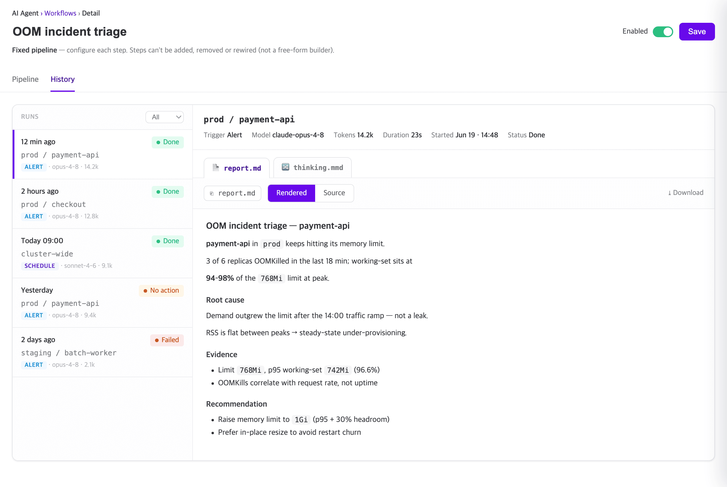 The History tab of a workflow. A list of past runs down the left, and on the right the rendered report for the selected run, with a root cause, the evidence behind it, and a recommendation.