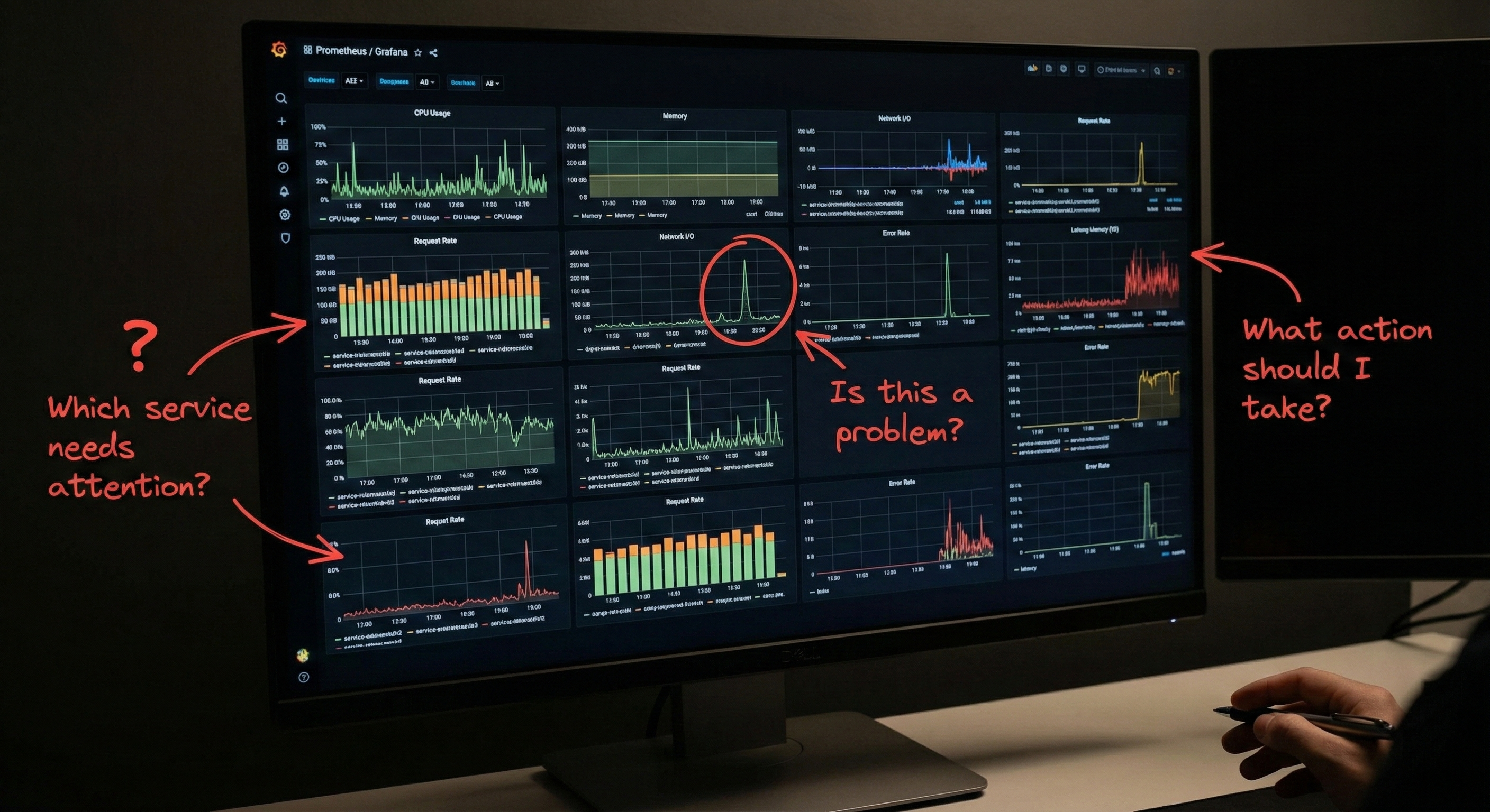 여러 Grafana 대시보드에 압도된 엔지니어들 — 어떤 서비스가 문제인지, 이게 문제인지, 어떤 조치를 취해야 하는지 알기 어려운 상황