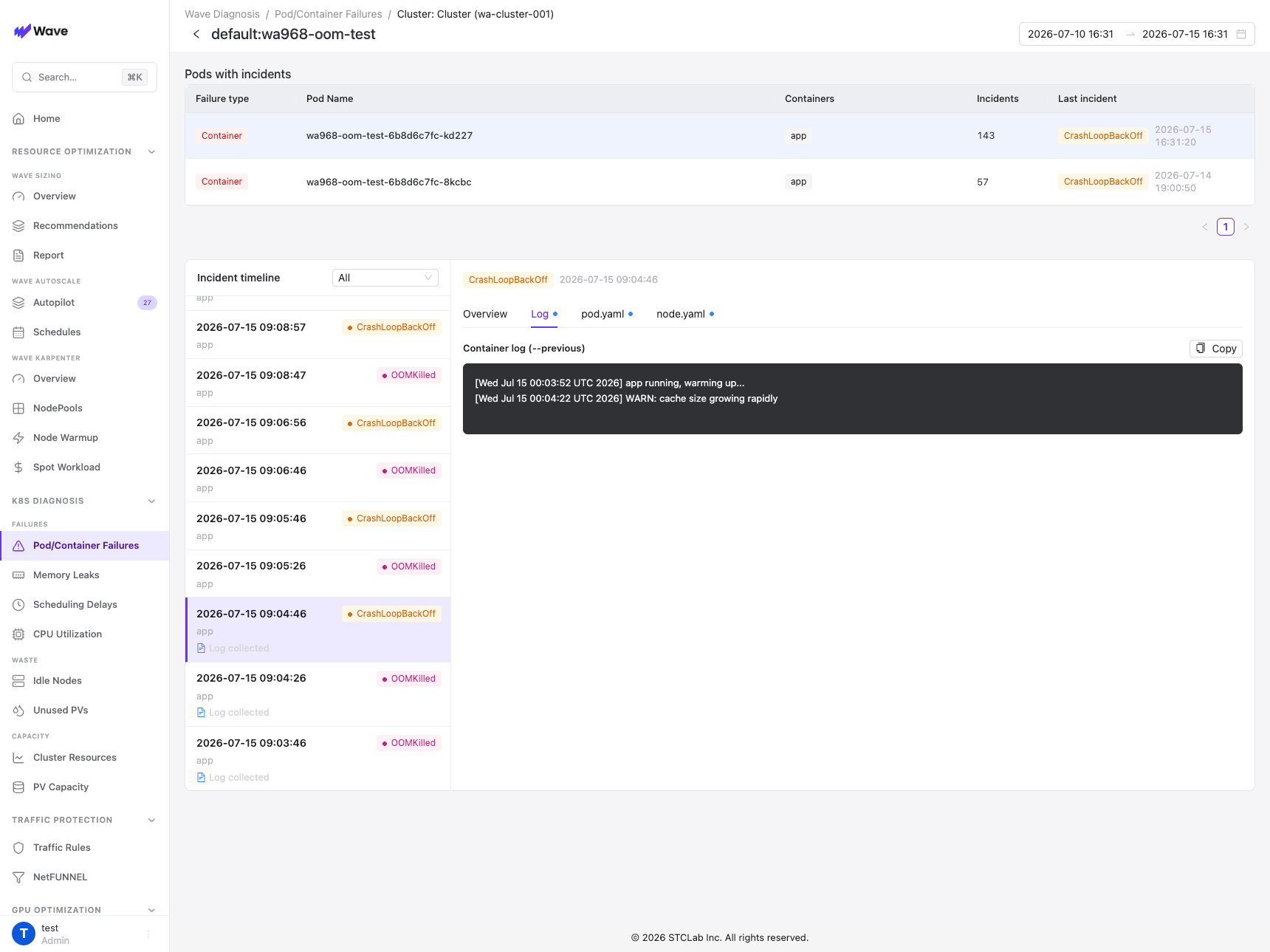 Pod/Container Failures per-pod incidents, incident timeline, and the tabbed incident detail with container log