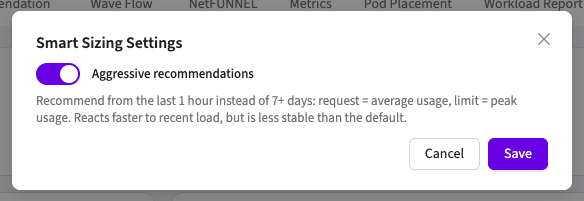 Smart Sizing Settings modal with the Aggressive recommendations toggle enabled
