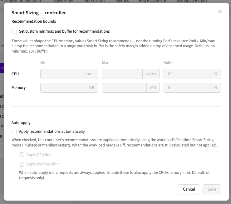 Container Settings modal with Recommendation bounds and Auto-apply sections