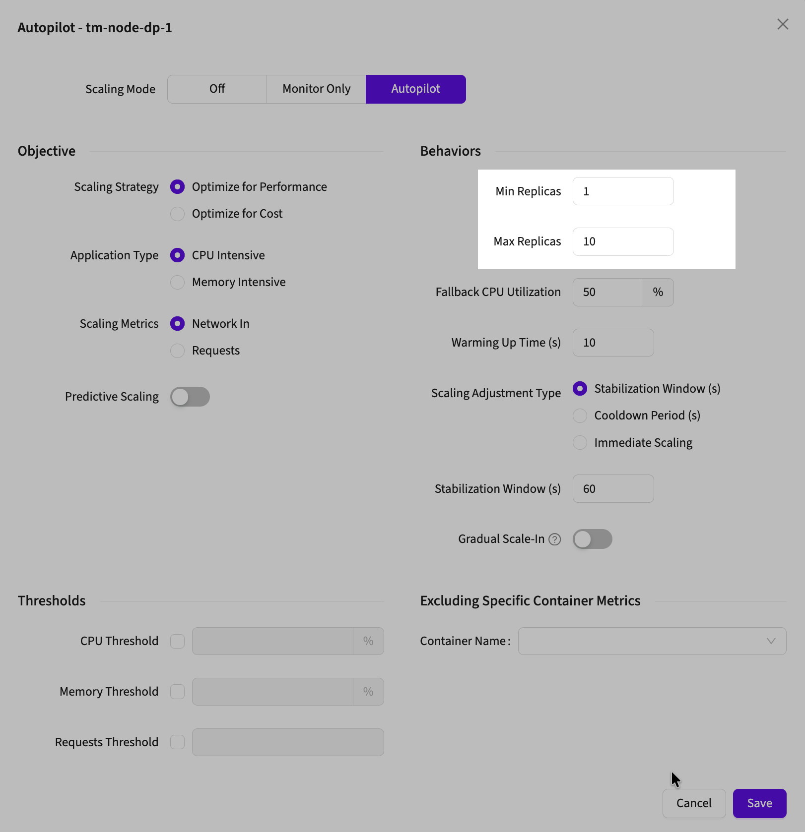 Autopilot settings with min and max replicas