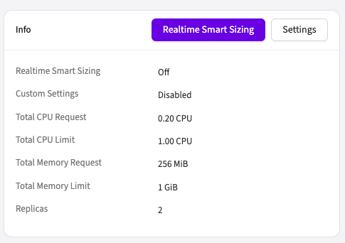 Workload Info panel showing the current Realtime Resizing mode and the button that opens its settings