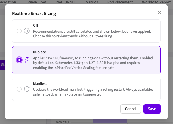 Realtime Resizing modal with Off, In-place, and Manifest apply mode options