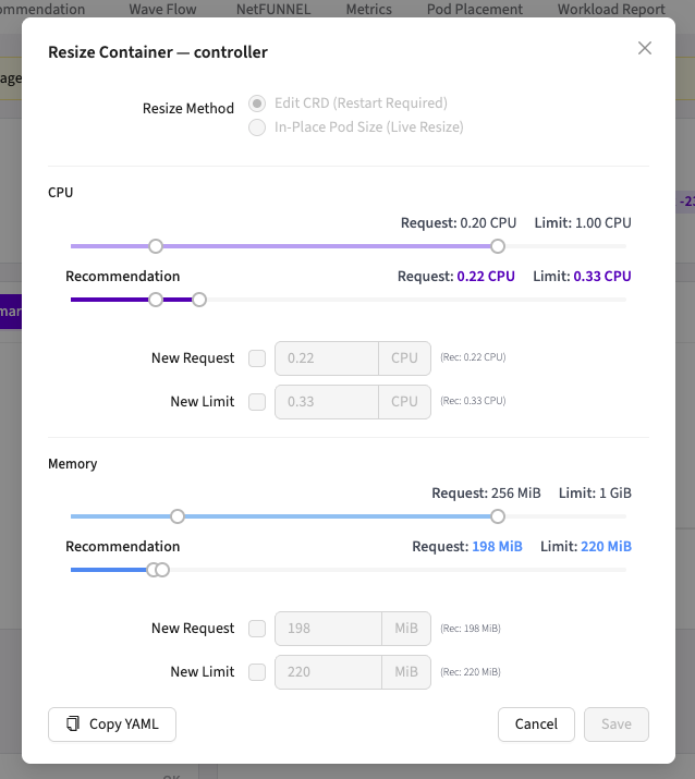 Resize Container modal with resize method radio, CPU and memory sliders, and new request/limit inputs