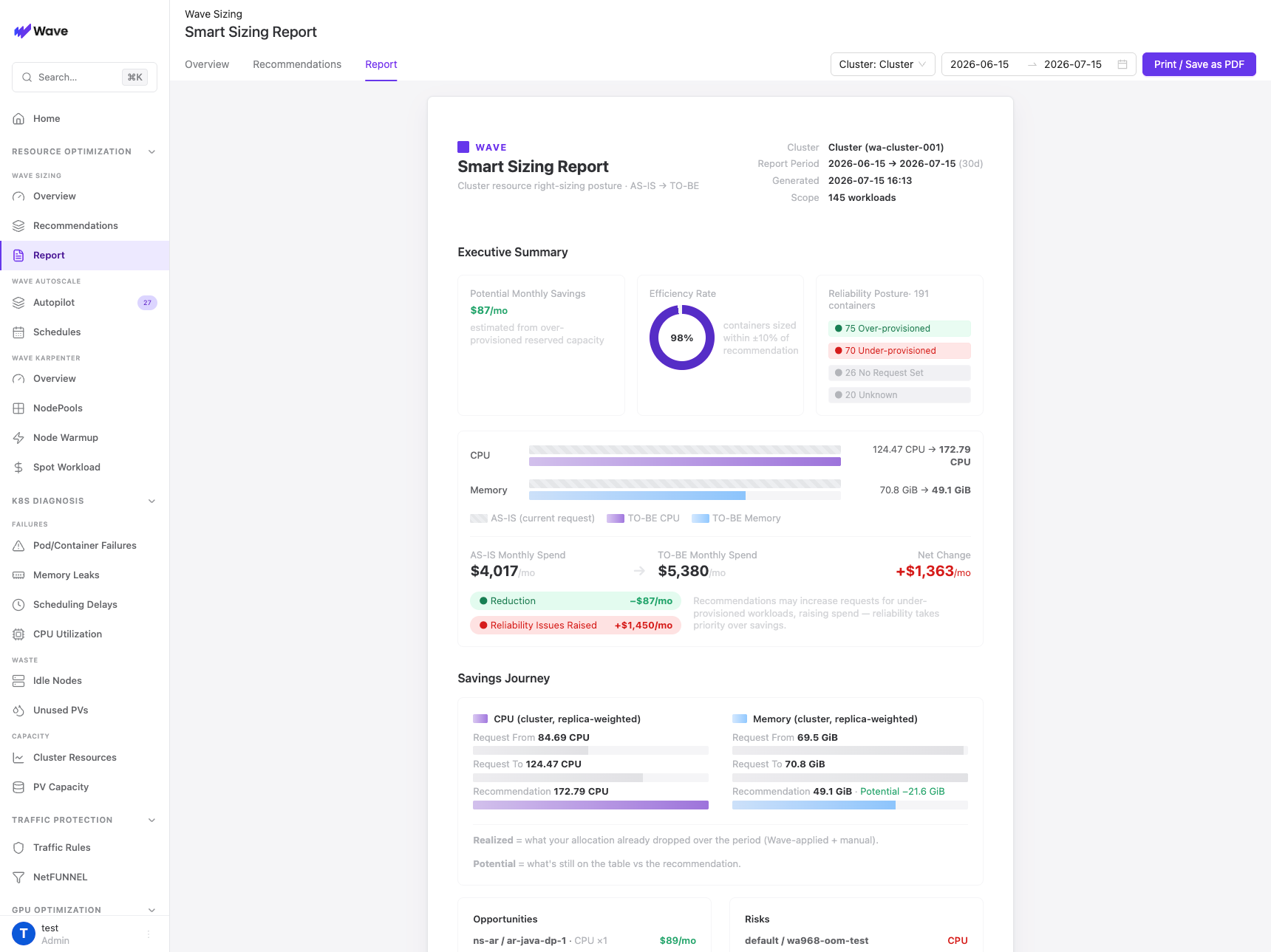 Smart Sizing Report in the Wave web console