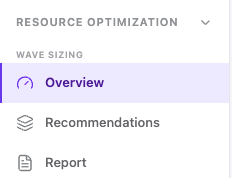 Wave Sizing sidebar menu with Overview, Recommendations, and Report items